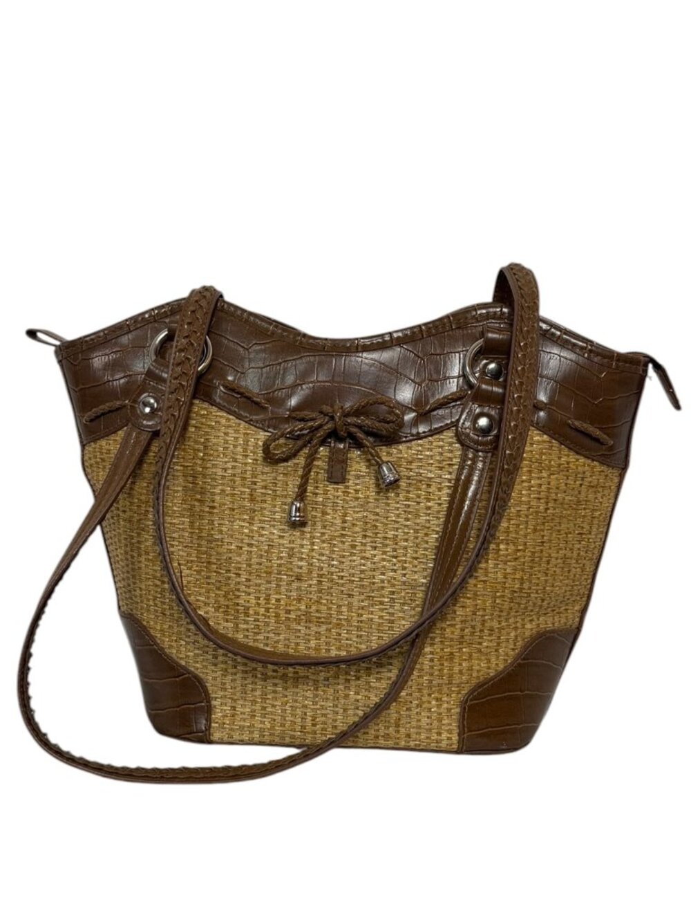 Naturalizer Woven Shoulder Bag Neutral Faux Leather Trim Organizer Purse